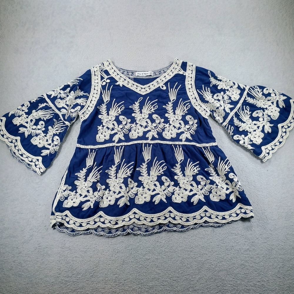 Ana & Rose Women Embroidered Boho Blouse Navy Blue Medium Bell Sleeve Top
